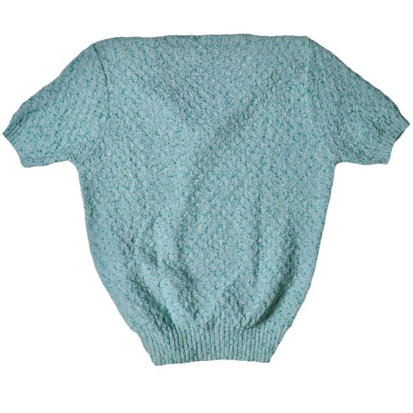 Vintage 1970s Centennial Knits LTD USA Made Blue Smocked V-Neck Short Sleeve Top - Picture 2 of 10